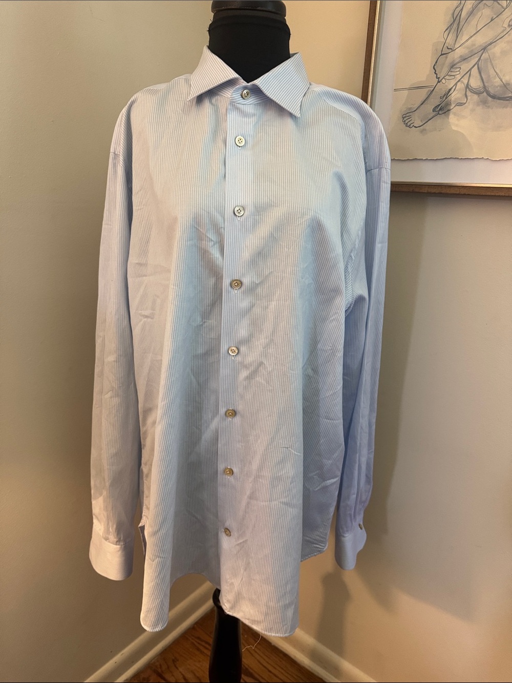 Kiton | Striped Cotton Blue/White Long Sleeve button up made in Italy-18 1/2/46